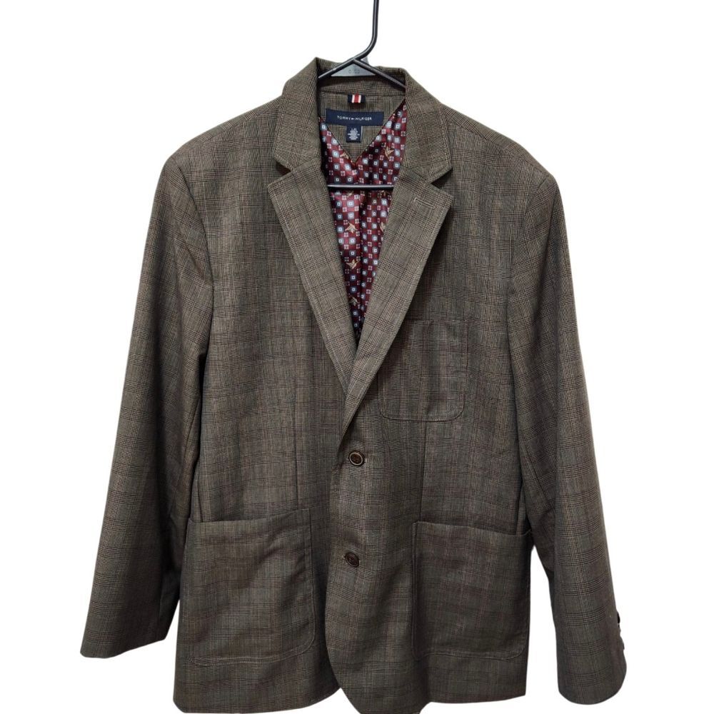 TOMMY HILFIGER Brown Blazer with Notched Lapel & Subtle Plaid Pattern SZ L /42R